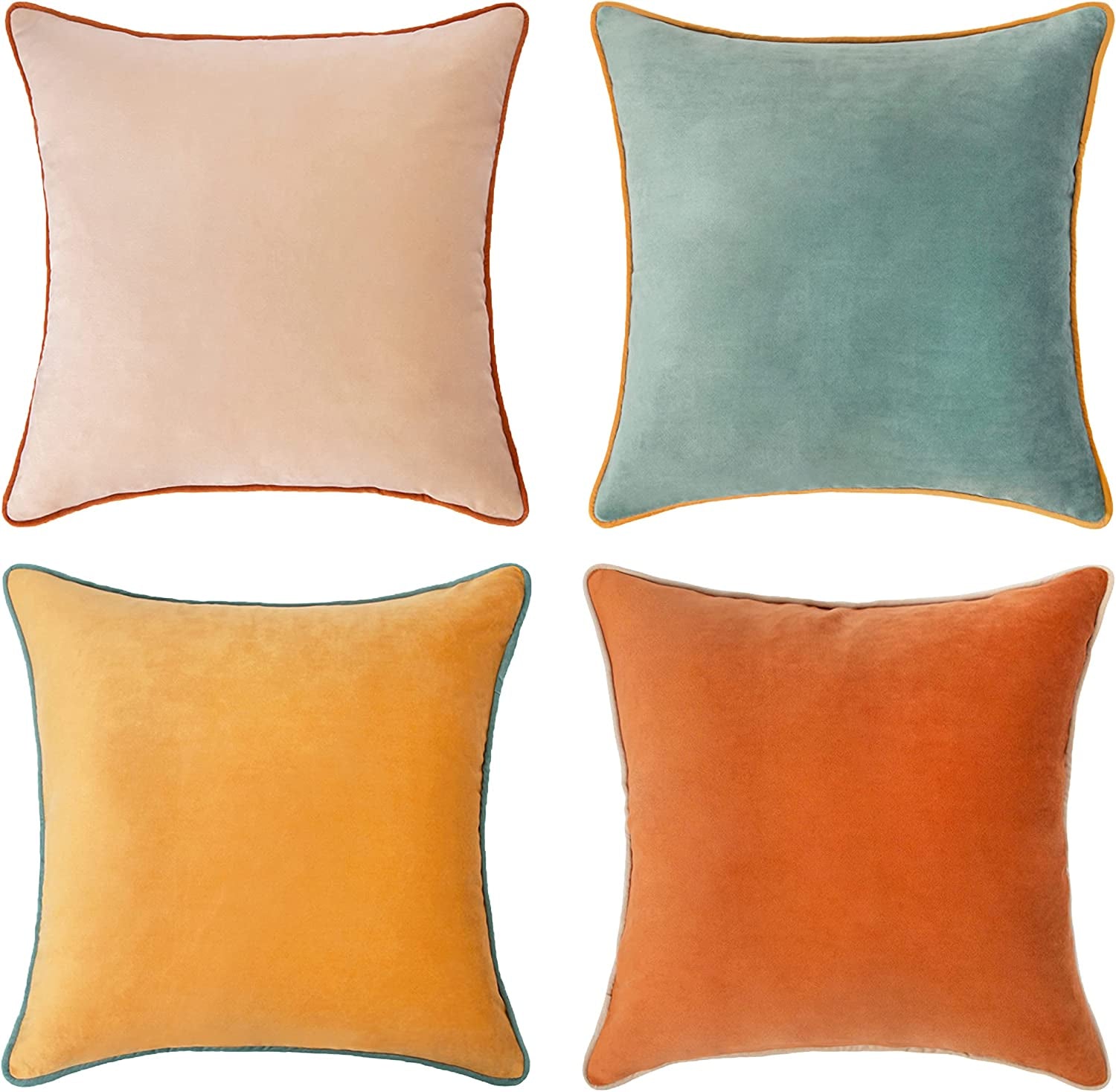 Decorative Throw Pillow Covers Cushion Cases, Set of 4 Soft Velvet Modern Double-Sided Designs, Mix and Match for Home Decor, Pillow Inserts Not Included (18X18 Inch, Orange/Teal)