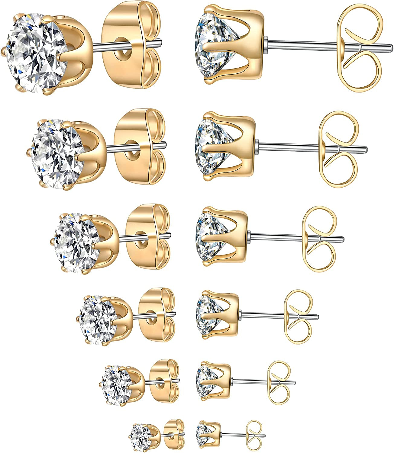 6 Pairs Stud Earrings Set,Clear Cubic Zirconia 316L Stainless Steel Earrings for Women for Men 3-8Mm