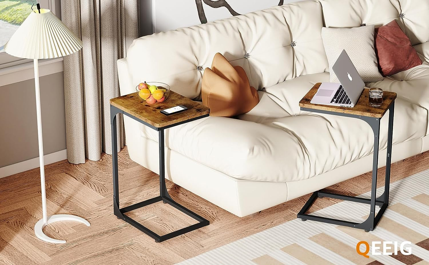 C Table End Table Set of 2 Couch Side Tables C Shaped Living Room Sets Bedroom Farmhouse, Rustic Brown (017-30BN)