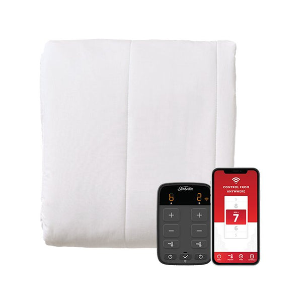 A Sunbeam King Size Electric Mattress Pad Wi-Fi Connection blanket with a remote control next to it.