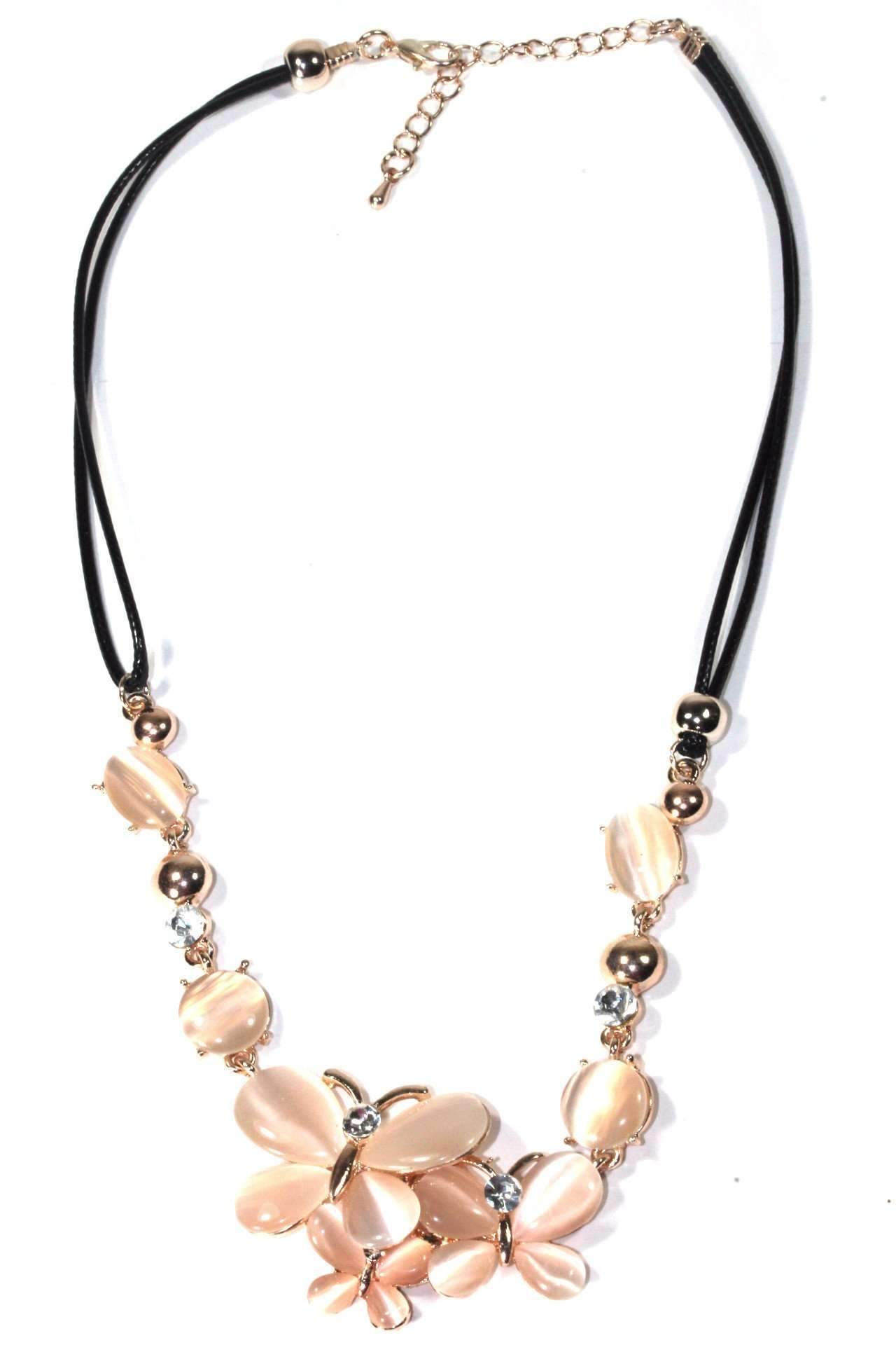 Elegant Butterfly Trio Necklace with a large pink floral pendant and multiple pink beads, strung on a black cord with a silver chain extension.