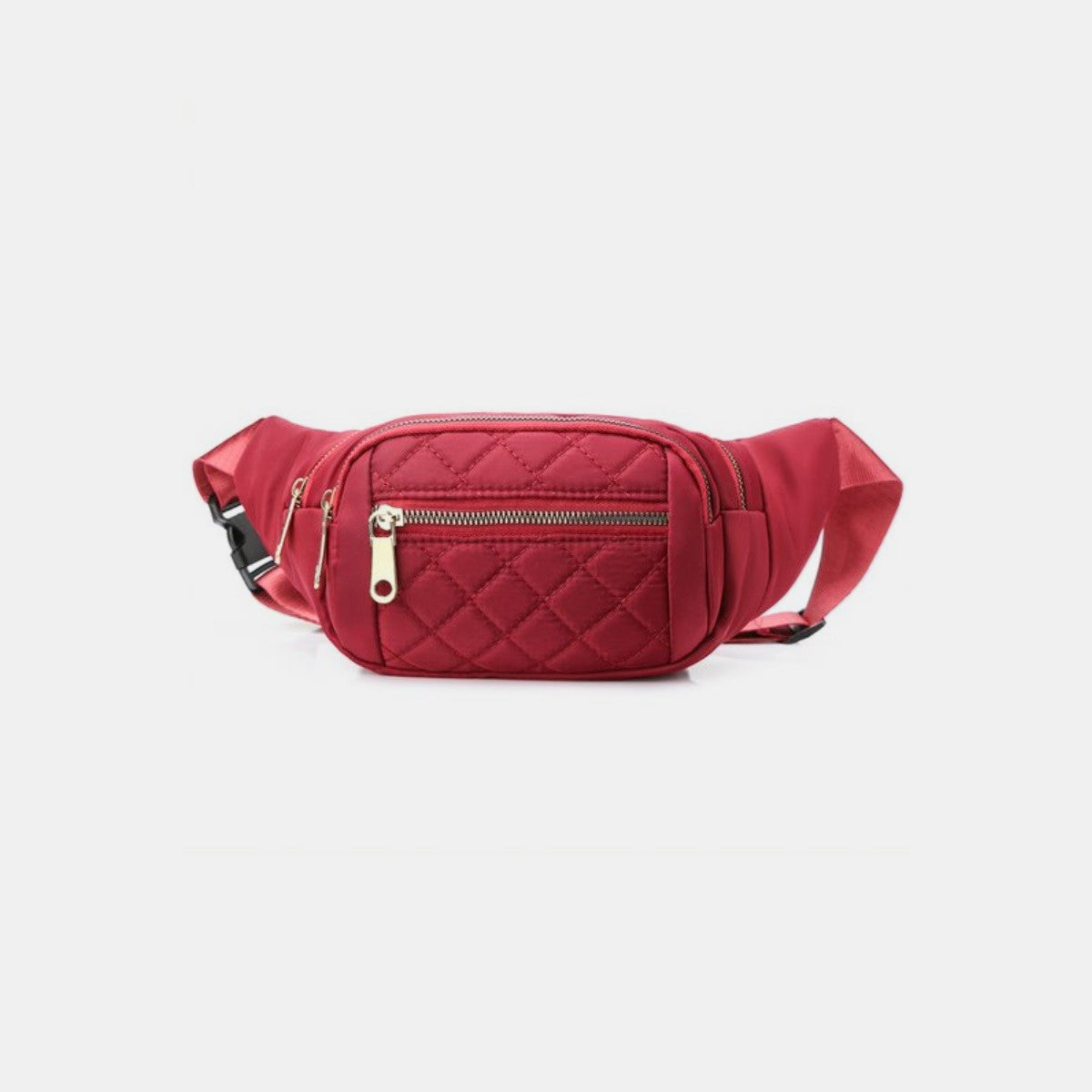 The Zenana Quilted Multi Pocket Waist Belt Bag in black features gold zippers, an adjustable strap, and multiple pockets for hands-free carrying.