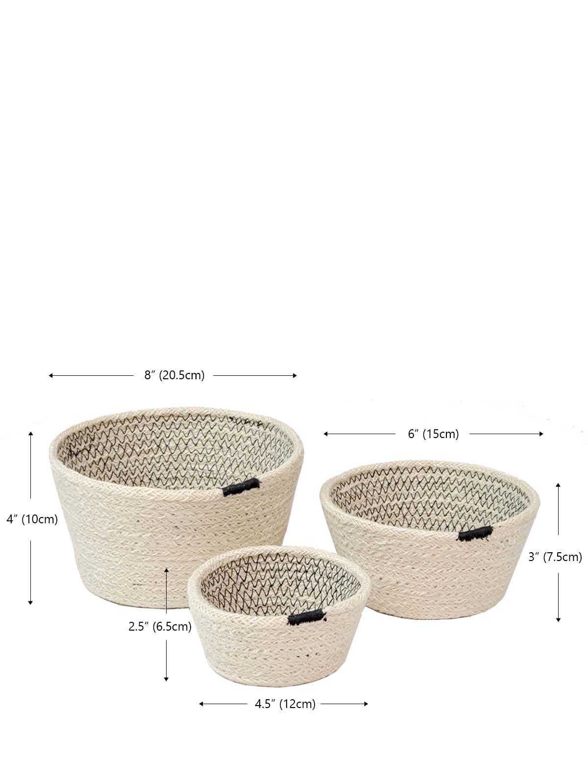 Amari Bowl - Black (Set of 3) features a minimalistic design with three beige woven baskets in different sizes, accented by black bands, crafted by Fair Trade artisans.