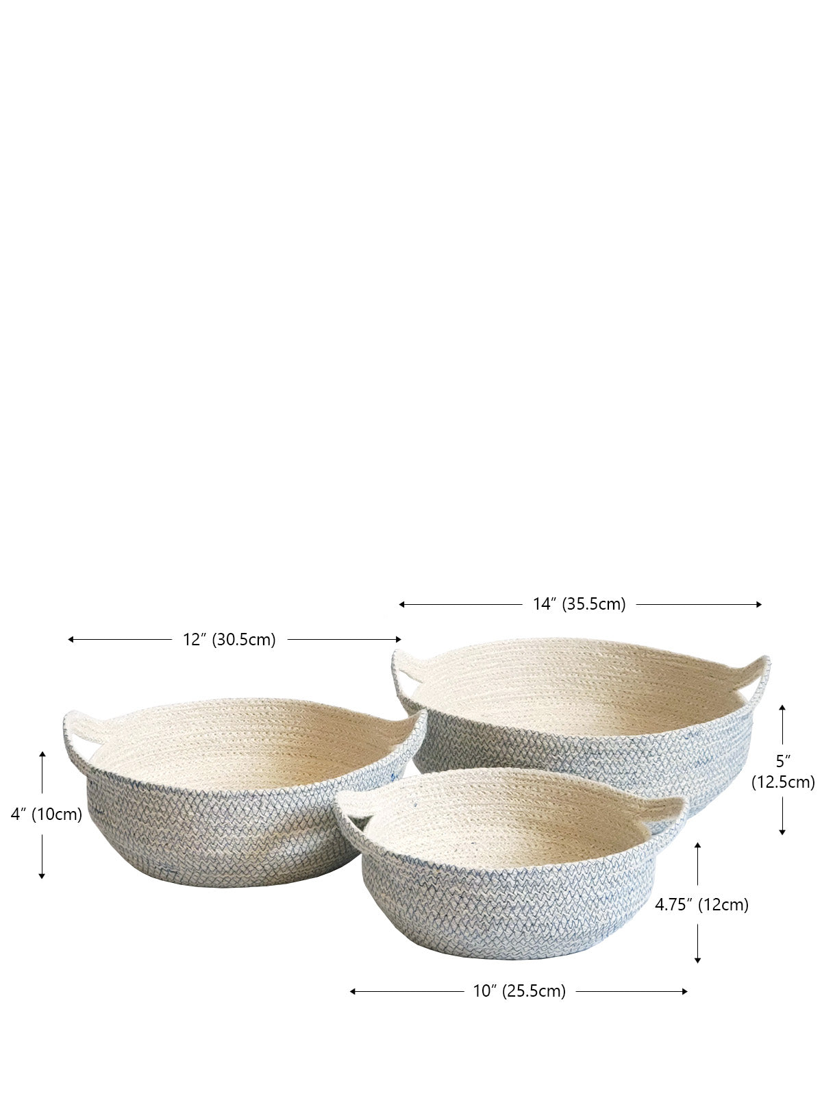 The Amari Fruit Bowl - Blue, handwoven by Fair Trade artisans, is artfully arranged on a plain background. Crafted sustainably with side handles, these baskets in varying sizes offer both beauty and functionality.