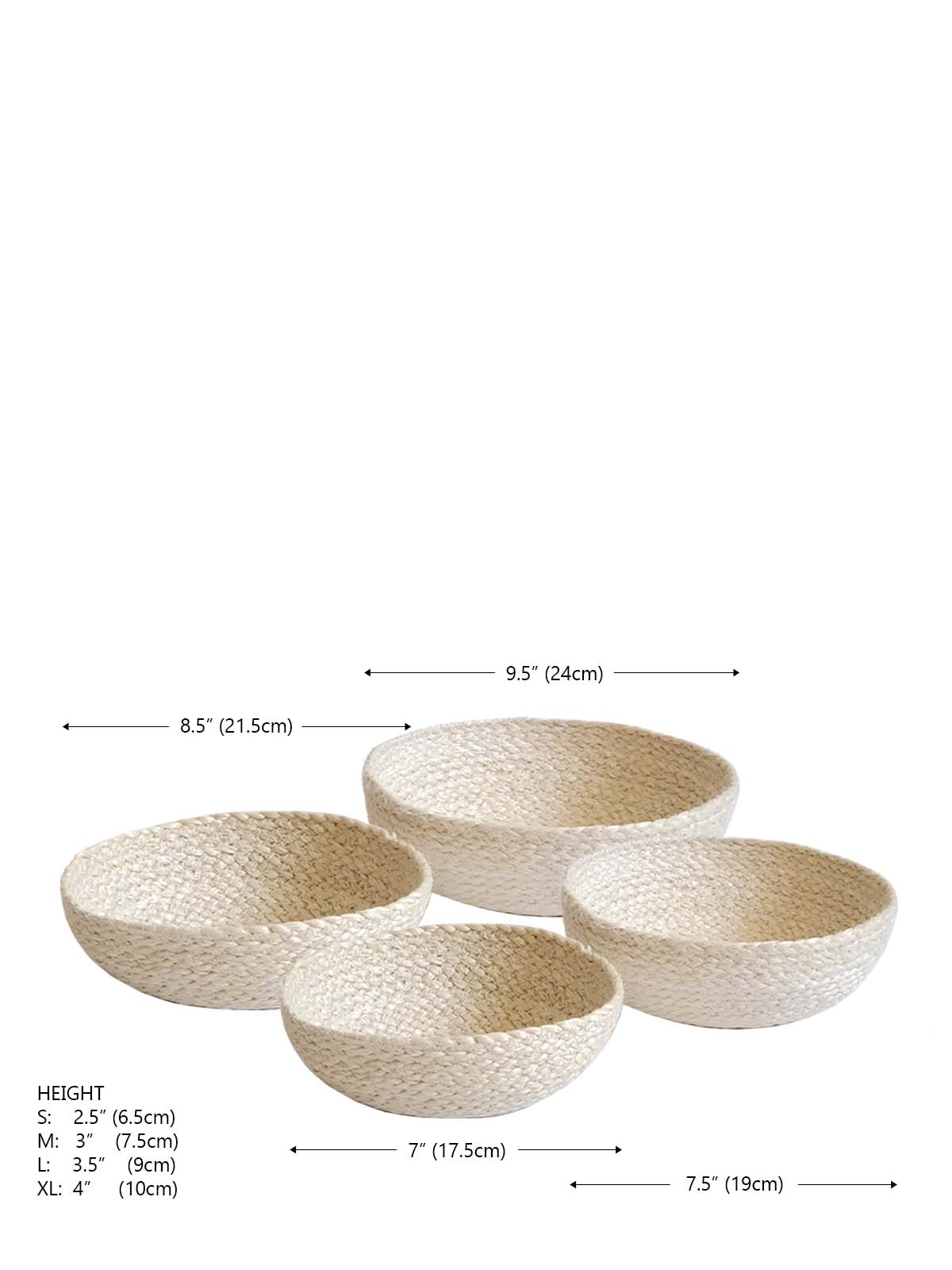 On a flat surface against a plain background, a set of four Kata Candy Bowls in white, crafted by fair trade artisans, is displayed. These versatile woven straw baskets highlight the beauty and authenticity of natural jute.