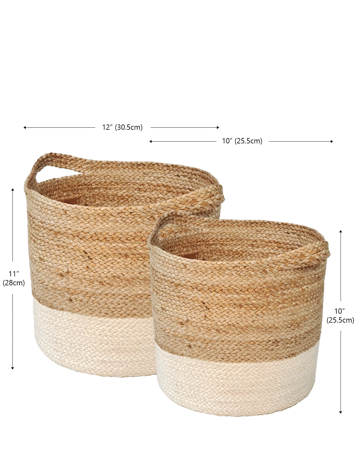 Two Kata Colorblock baskets with handles, featuring a two-tone design in natural and white fibers, crafted by Fair Trade artisans.