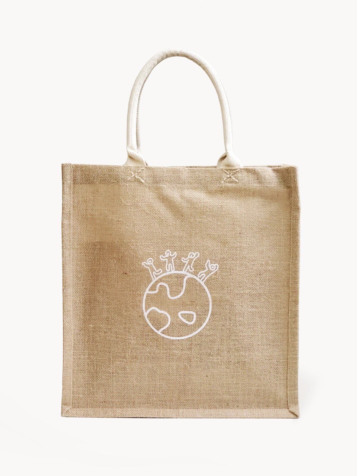 The Market Bag - Earth is a beige reusable jute bag featuring a simple white line drawing of a globe with small figures, representing people on Earth. Made by Fair Trade artisans, it's an ideal eco-friendly option for those who prioritize sustainability.