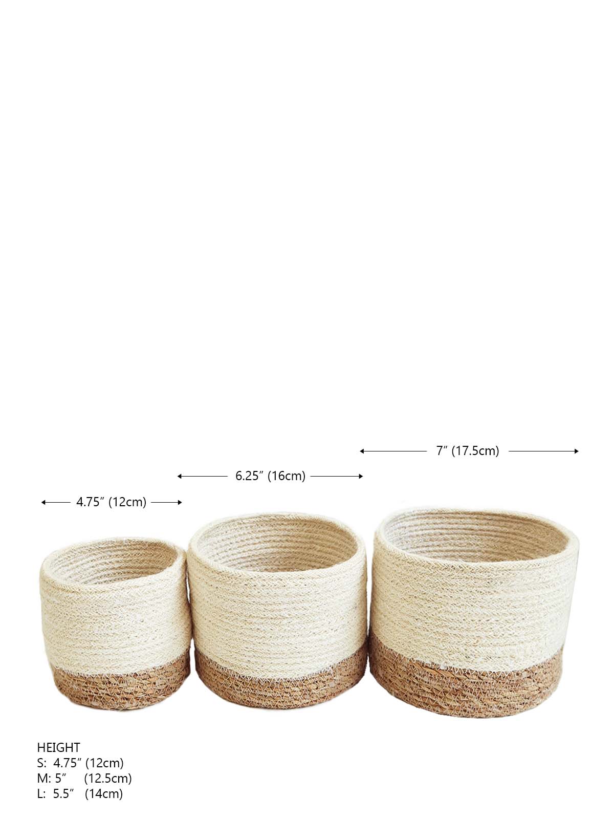 Three Savar Bins, woven sustainably by Fair Trade artisans in varying sizes, each featuring a beige upper half and a brown lower half, are arranged in a row.