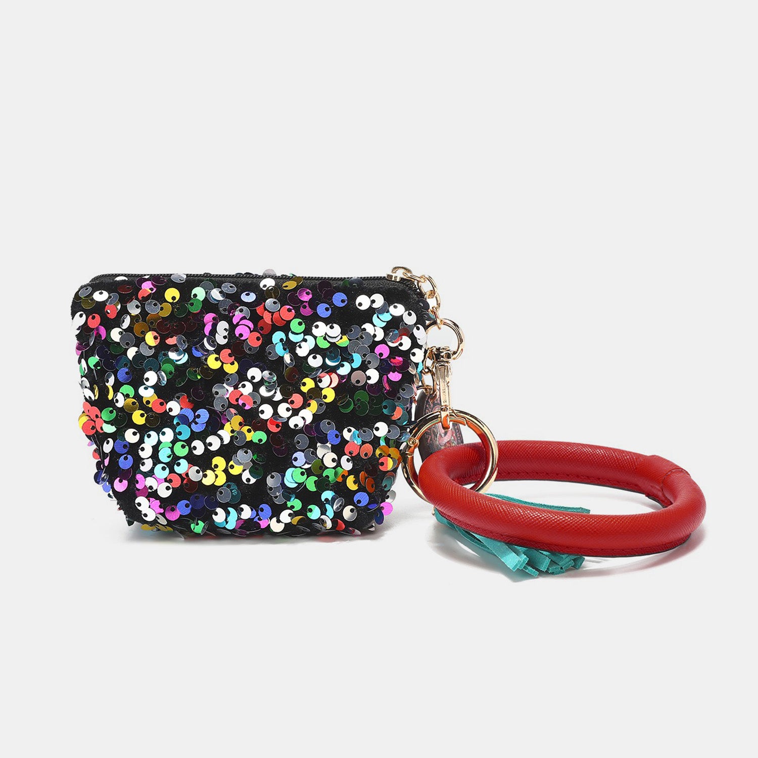 The Nicole Lee USA Sequin Pouch Wristlet Keychain features a black sequin coin purse attached to a red, round keychain holder, combining both fashion and functionality.