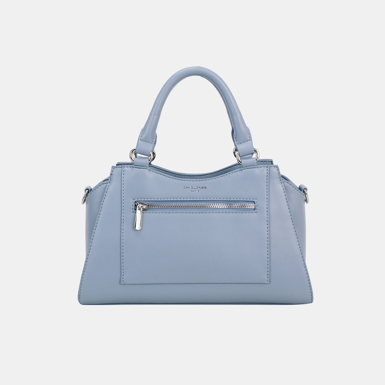 The David Jones PU Leather Handbag in light blue features a top handle and a front zip pocket, making it the perfect stylish accessory to complement any outfit.