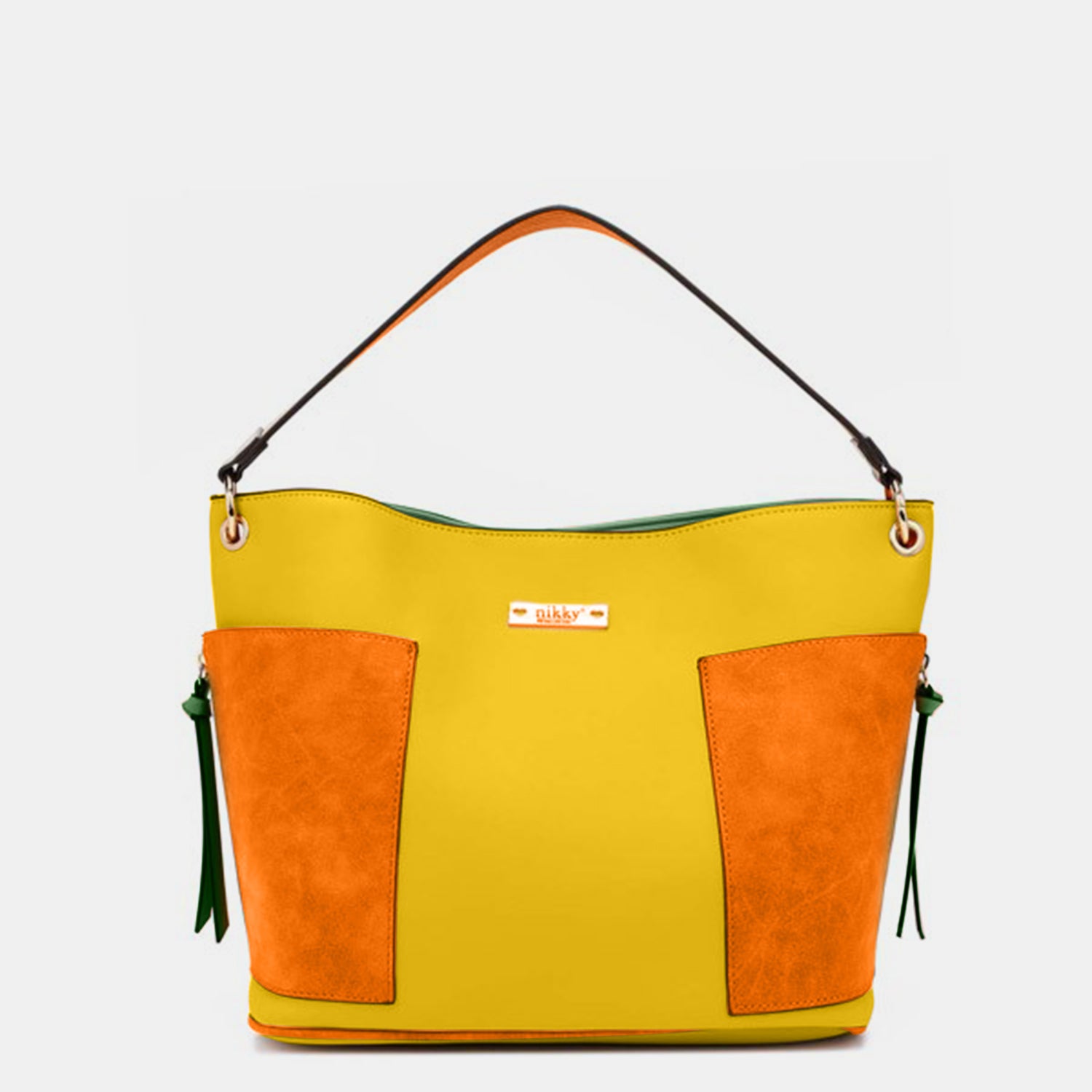 The Nicole Lee USA 3-Piece Handbag Set features a yellow handbag, an orange clutch with a blue zipper, and a heart-shaped orange coin purse with a keychain, all beautifully displayed against a white background. This stylish satchel collection is perfect for any occasion, adding flair to your ensemble.