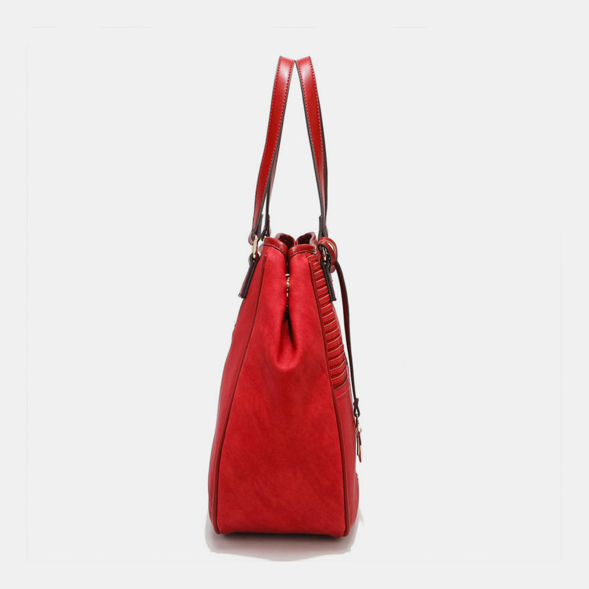 Nicole Lee USA's Scallop Stitched Tote Bag in red is made from vegan leather, showcasing textured stripes and scallop-stitched details, and includes a gold circular charm on one handle.