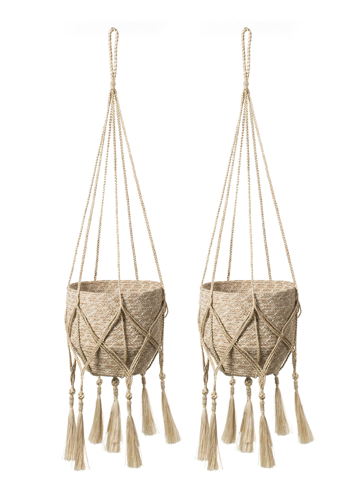 The Plant Hanger - Bitan is a handmade jute hanger crafted by Fair Trade artisans, featuring natural fibers with a striking black base and playful tassels.