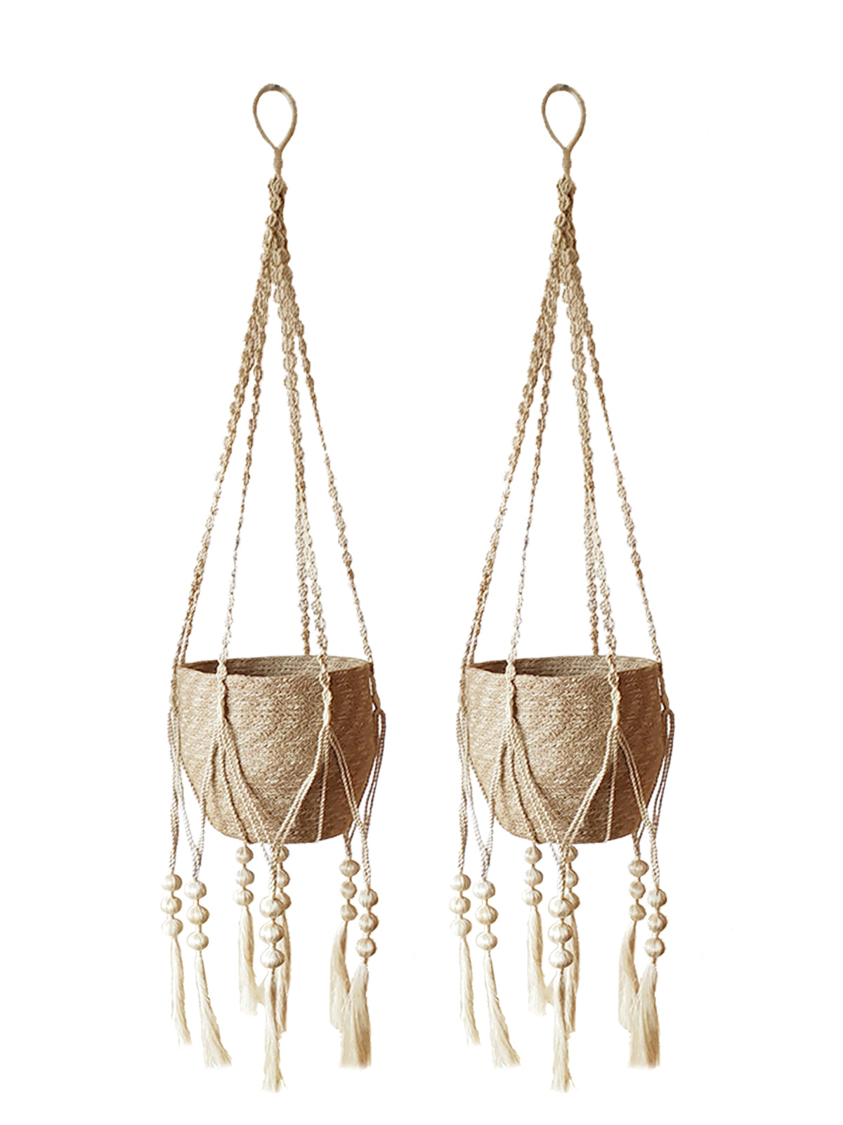 The Plant Hanger - Fiora is a beautiful handmade macramé plant holder, showcasing a black pot adorned with a beige jute rope design, complemented by wooden beads and tassels. Crafted by Fair Trade artisans, it represents sustainable handicraft.