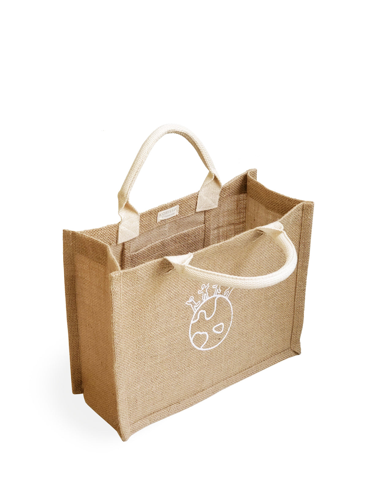 Introducing the Gift Bag - Earth: a stylish tote made from brown natural jute fabric, adorned with a charming illustration of a globe and plants on one side. Each purchase of this eco-friendly bag supports Fair Trade artisans.