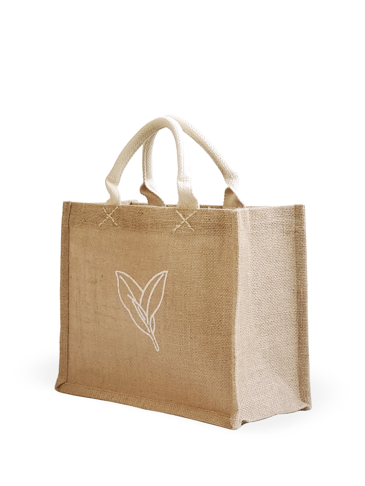 The Gift Bag - Nature is a beige tote made from natural jute, adorned with two handles and a minimalist leaf design on the front.