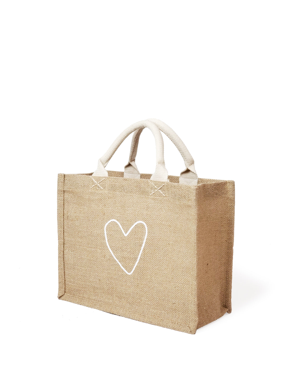 The "Gift Bag - Love" is a beige jute tote bag, handcrafted sustainably with short handles and adorned with a white heart outline on the front.