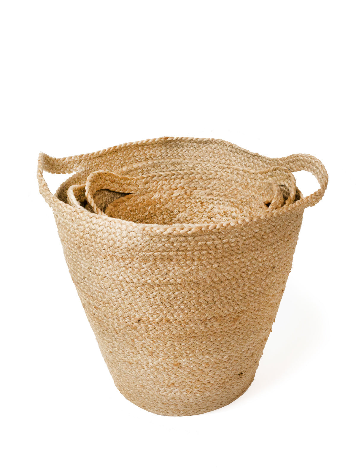 The Kata Basket with Slit Handle, crafted by Fair Trade artisans, is a set of three handwoven pieces that feature varying sizes and are elegantly displayed against a white background.