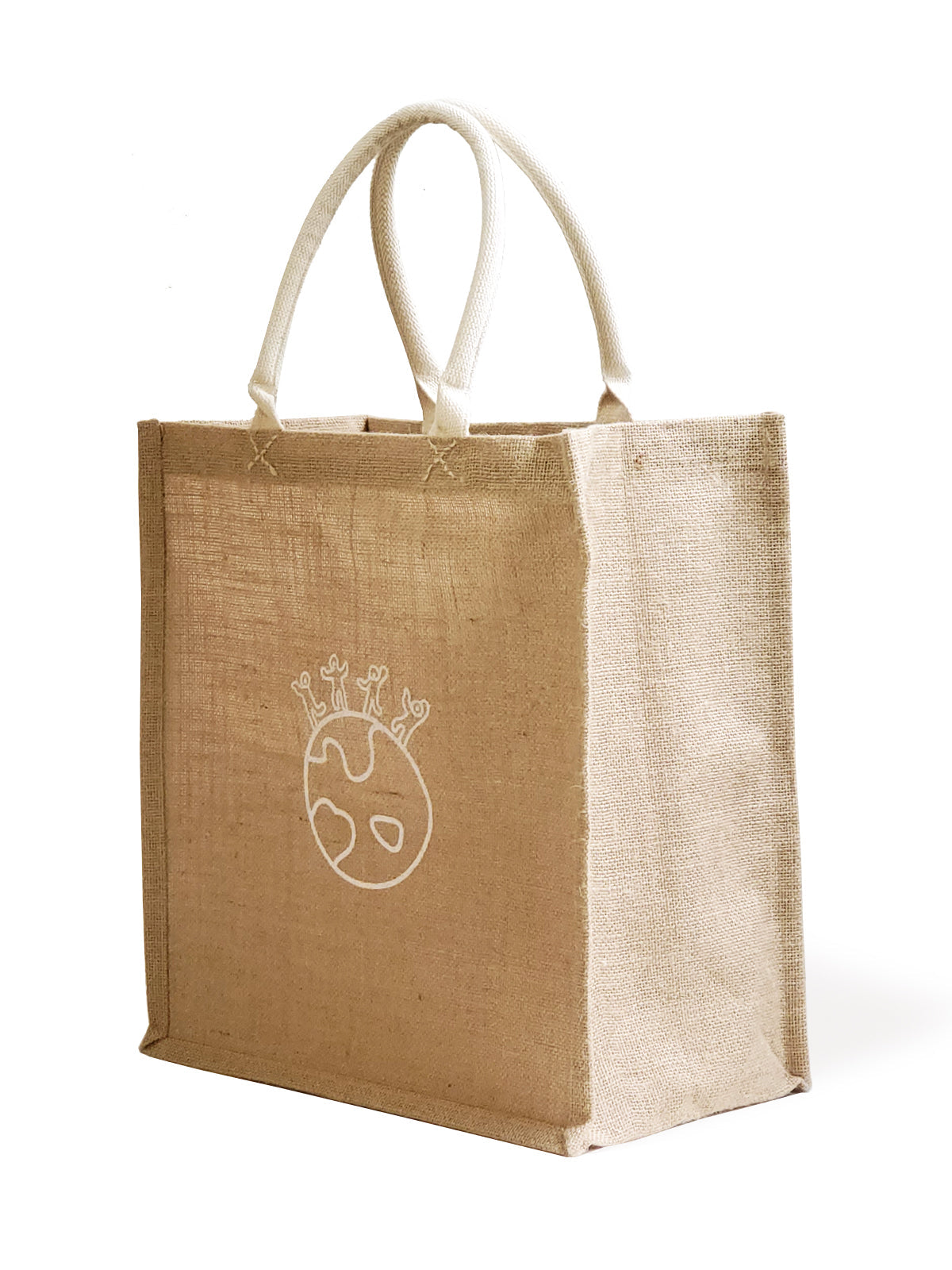 The Market Bag - Earth is a beige reusable jute bag featuring a simple white line drawing of a globe with small figures, representing people on Earth. Made by Fair Trade artisans, it's an ideal eco-friendly option for those who prioritize sustainability.