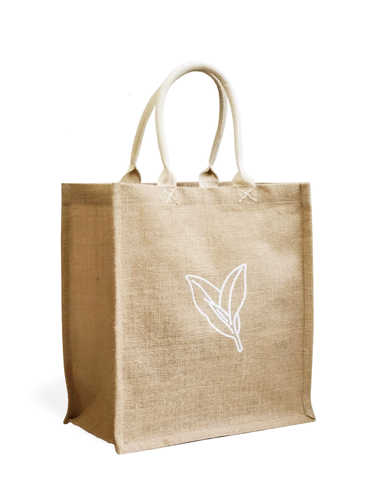 Introducing the Market Bag - Nature: a durable brown jute tote with two handles, adorned with an elegant white leaf design on the front. Handcrafted by Fair Trade artisans, this sustainable and reusable bag is ideal for any outing.