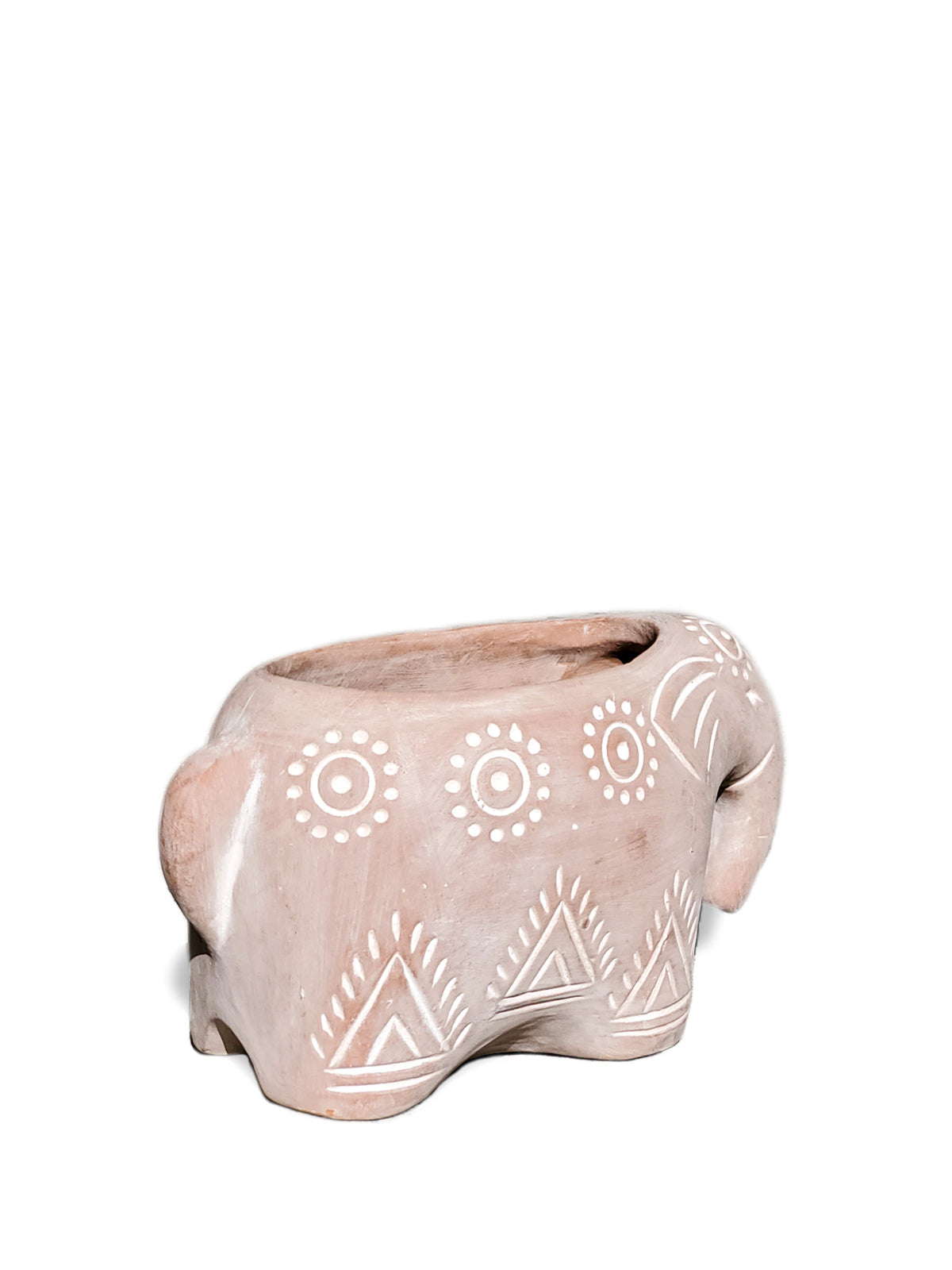Introducing the Terracotta Pot - Folk Elephant, a captivating decorative planter crafted by Fair Trade artisans. This elephant-shaped piece showcases painted white geometric patterns on a plain background, making it an ideal choice for garden planters and adding an artistic charm to any space with its delightful animal-themed design.