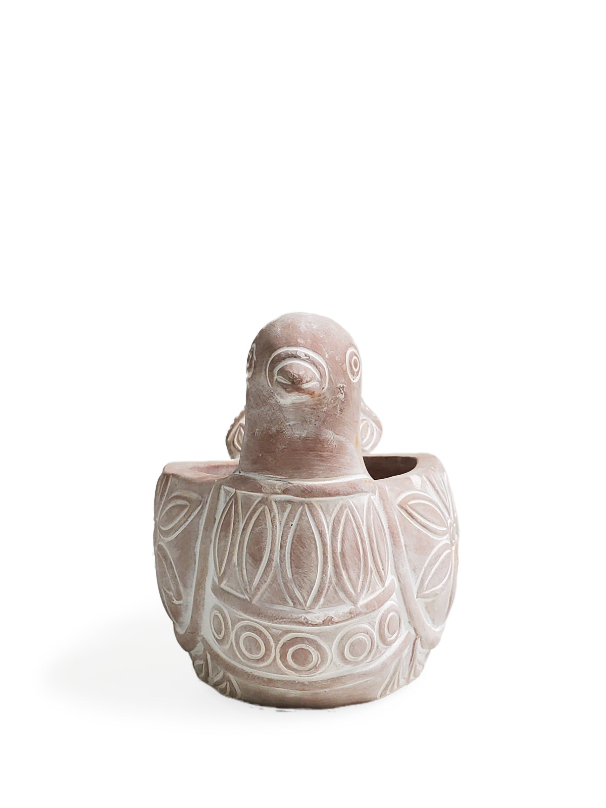 The Terracotta Pot - Spotted Dove is a whimsically crafted ceramic planter shaped like a bird, featuring detailed carved patterns on its body and tail. Made by Fair Trade artisans, it brings a delightful touch to any garden display.