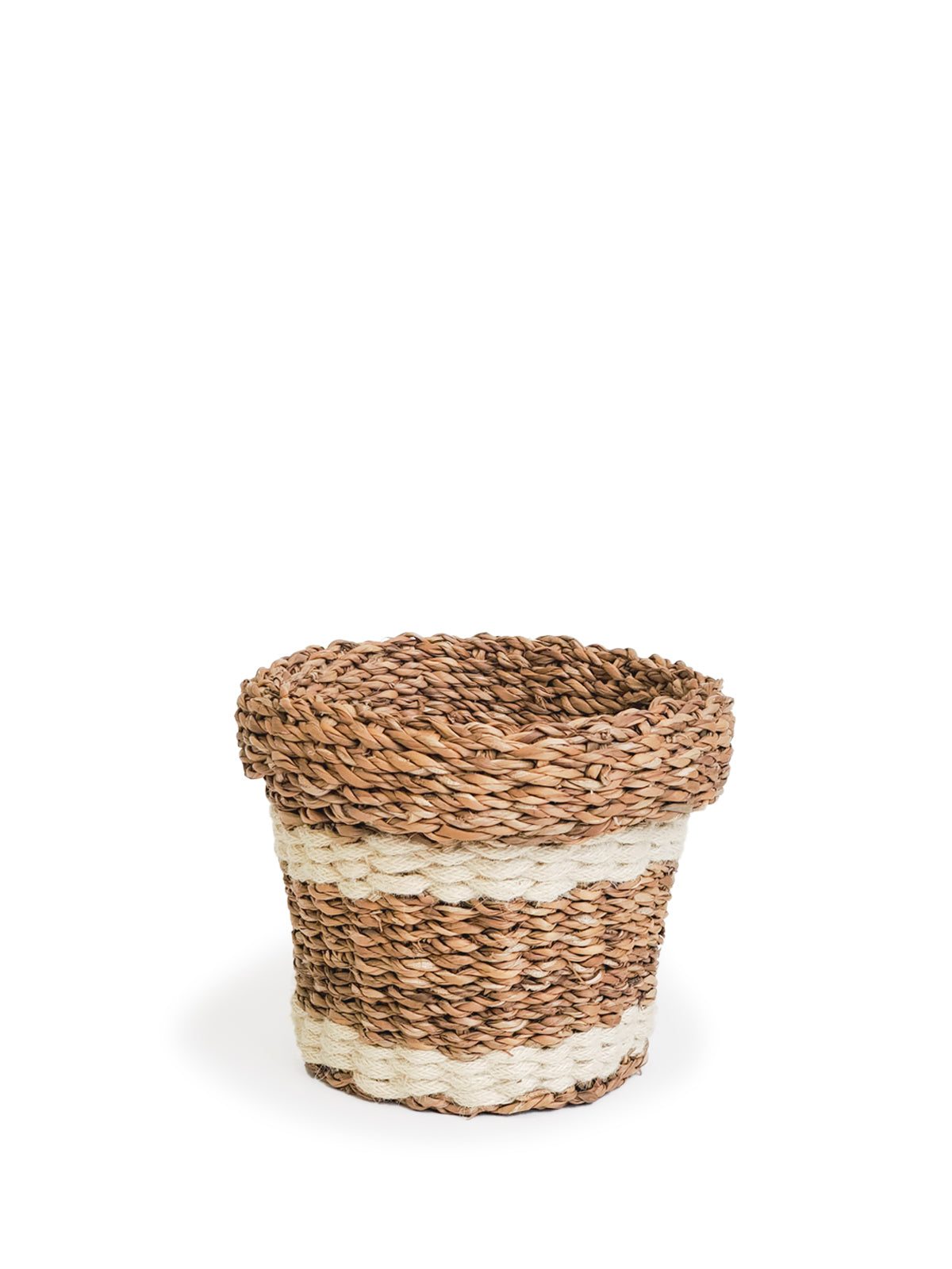 Three Savar Nesting Plant Baskets, crafted by Fair Trade artisans, feature white stripe accents. Two are stacked upright while one lies sideways on a plain background, showcasing their sustainable beauty.