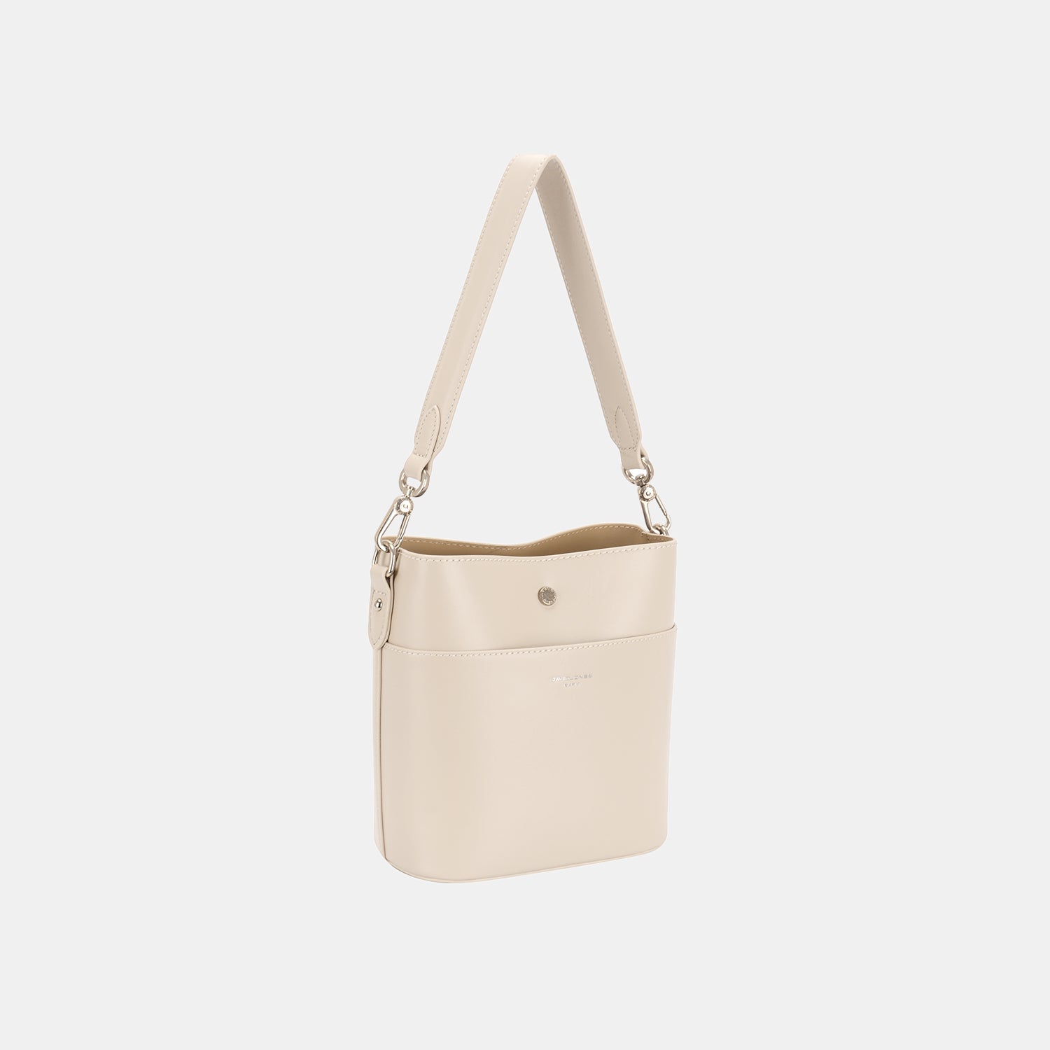 The David Jones PU Leather Shoulder Bag exudes chic style with its beige color, single strap, and practical front pocket.