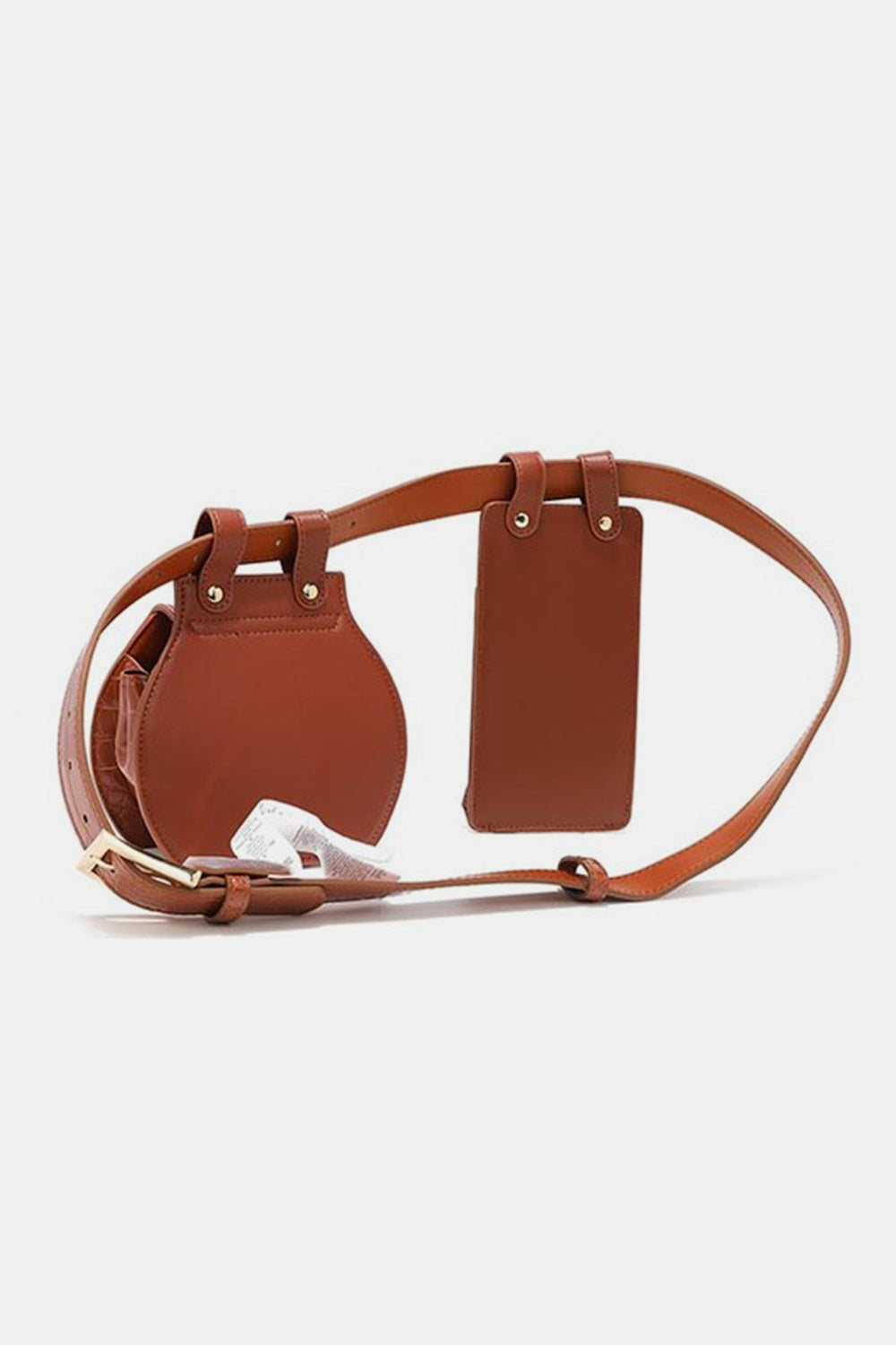 The Nicole Lee USA 2 Piece Texture Belt Bag is a brown vegan leather belt with an attached phone case and small pouch featuring a crocodile skin pattern. The adjustable belt also includes removable pouches for added convenience and style.