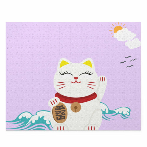 A Lucky Cat Jigsaw Puzzle 500-Piece featuring a cartoon lucky cat with a golden coin, against a background of waves and a partly sunny sky, composed of high-quality chipboard pieces.