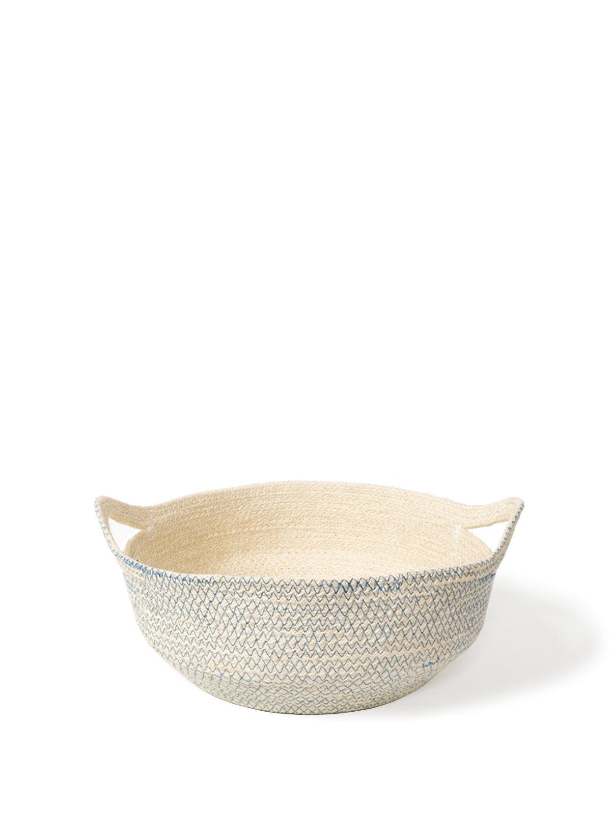 The Amari Fruit Bowl - Blue, handwoven by Fair Trade artisans, is artfully arranged on a plain background. Crafted sustainably with side handles, these baskets in varying sizes offer both beauty and functionality.