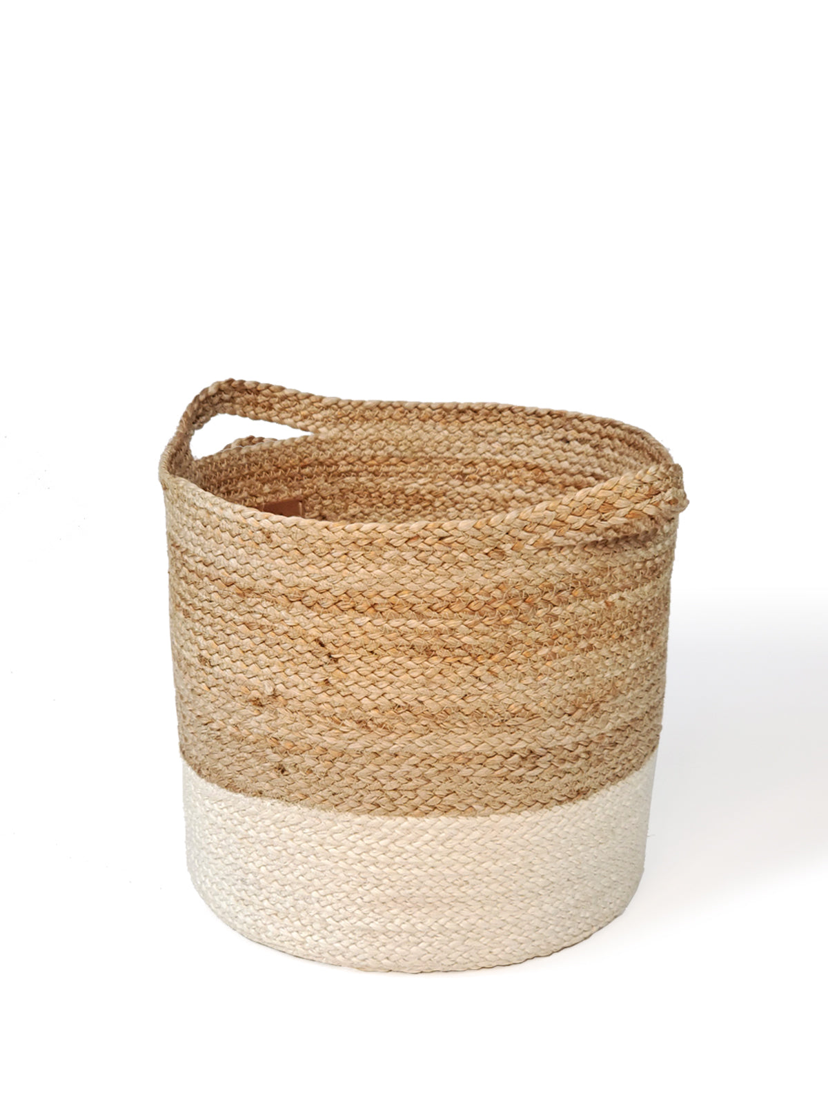 Two Kata Colorblock baskets with handles, featuring a two-tone design in natural and white fibers, crafted by Fair Trade artisans.