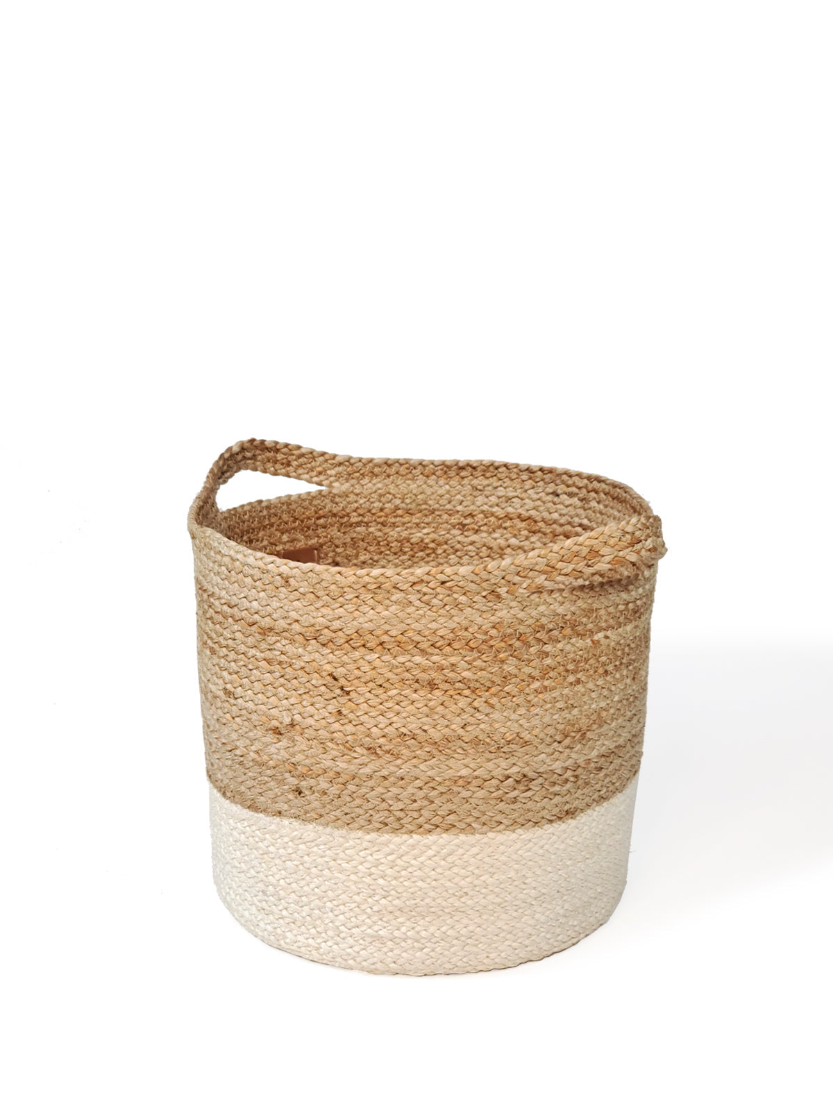 Two Kata Colorblock baskets with handles, featuring a two-tone design in natural and white fibers, crafted by Fair Trade artisans.