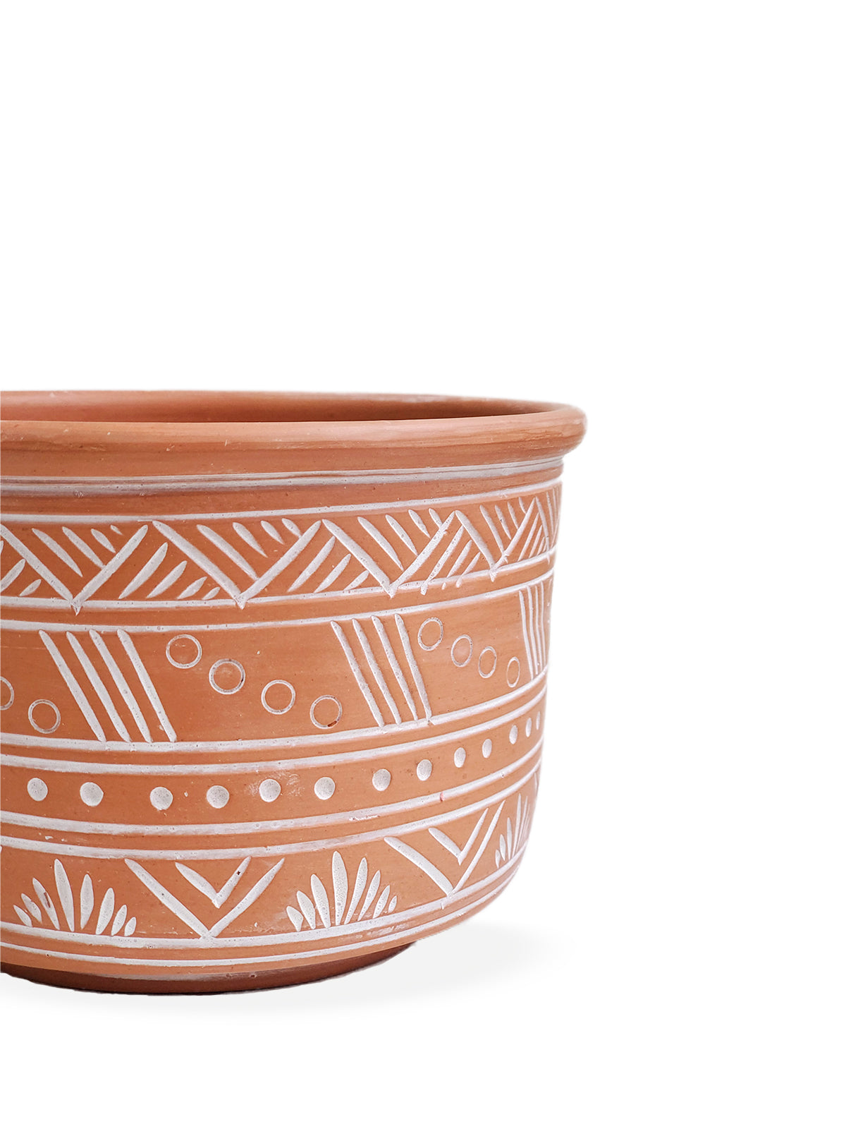 The Hand Etched Terracotta Pot - Large features a stunning artisan-inspired design, highlighted by intricate white geometric and floral patterns against a plain backdrop.