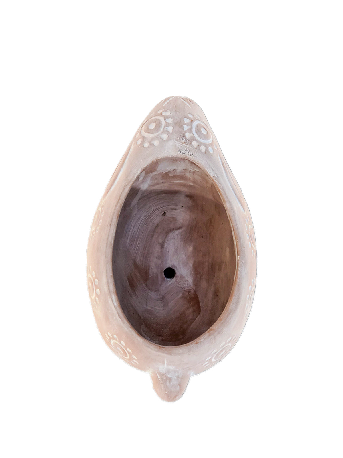 Introducing the Terracotta Pot - Folk Elephant, a captivating decorative planter crafted by Fair Trade artisans. This elephant-shaped piece showcases painted white geometric patterns on a plain background, making it an ideal choice for garden planters and adding an artistic charm to any space with its delightful animal-themed design.