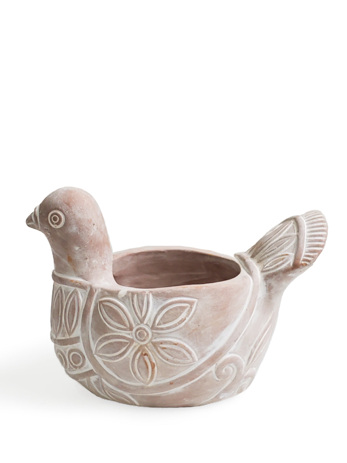 The Terracotta Pot - Spotted Dove is a whimsically crafted ceramic planter shaped like a bird, featuring detailed carved patterns on its body and tail. Made by Fair Trade artisans, it brings a delightful touch to any garden display.