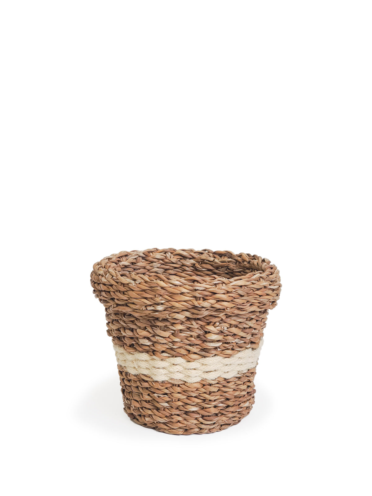 Three Savar Nesting Plant Baskets, crafted by Fair Trade artisans, feature white stripe accents. Two are stacked upright while one lies sideways on a plain background, showcasing their sustainable beauty.