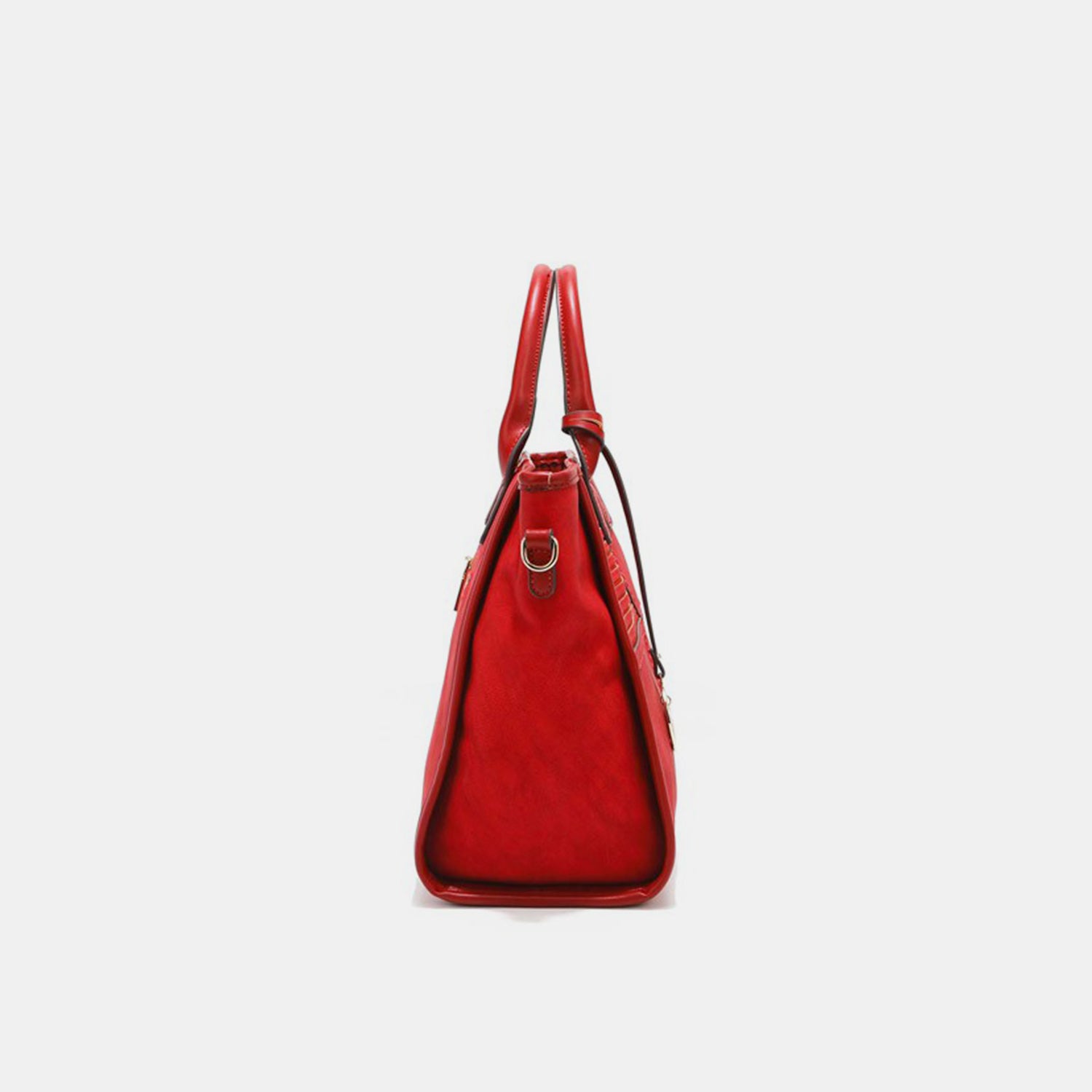 The Nicole Lee USA Scallop Stitched Handbag is crafted from vegan leather in a striking red color, featuring a textured front and elegant gold accents. It includes scallop-stitched details, two handles, and an adjustable shoulder strap for versatile carrying options.