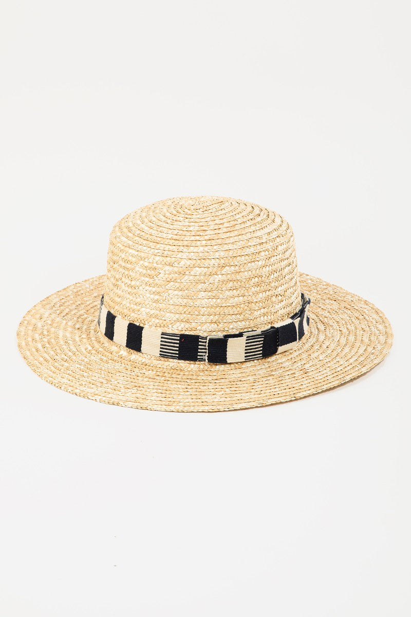 The Fame Strap Wide Brim Straw Hat, perfect for sun protection, boasts a broad brim and features a stylish black and white striped band around the crown, making it an ideal accessory for summer.