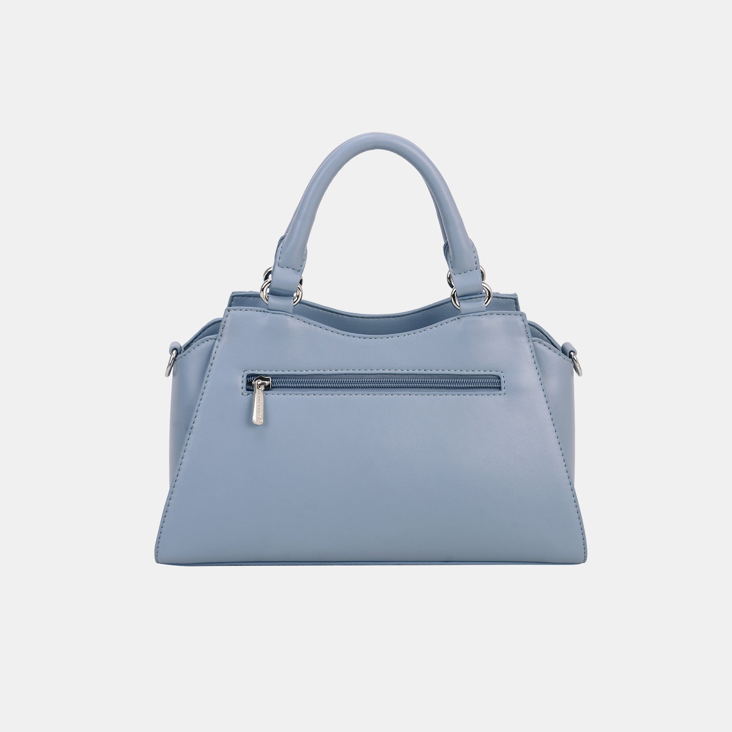 The David Jones PU Leather Handbag in light blue features a top handle and a front zip pocket, making it the perfect stylish accessory to complement any outfit.