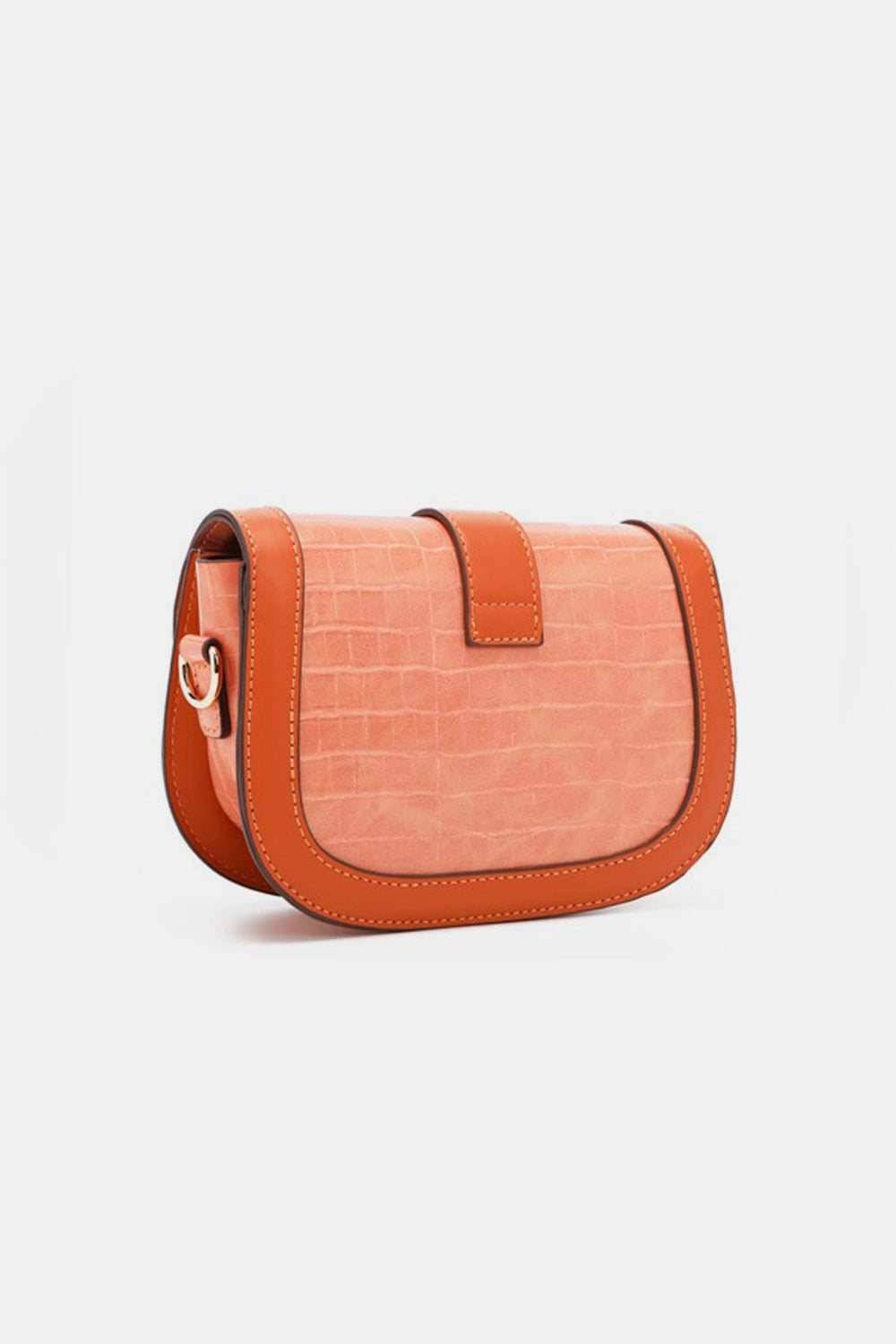 This stylish Nicole Lee USA croc embossed crossbody bag, crafted from eco-leather, features an orange hue, a gold buckle, and the brand name "nikky" on the front.