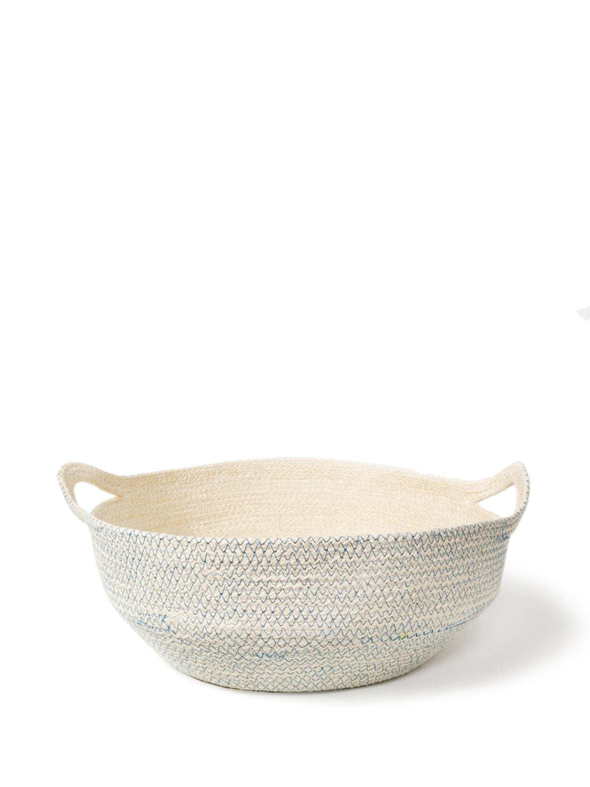 The Amari Fruit Bowl - Blue, handwoven by Fair Trade artisans, is artfully arranged on a plain background. Crafted sustainably with side handles, these baskets in varying sizes offer both beauty and functionality.