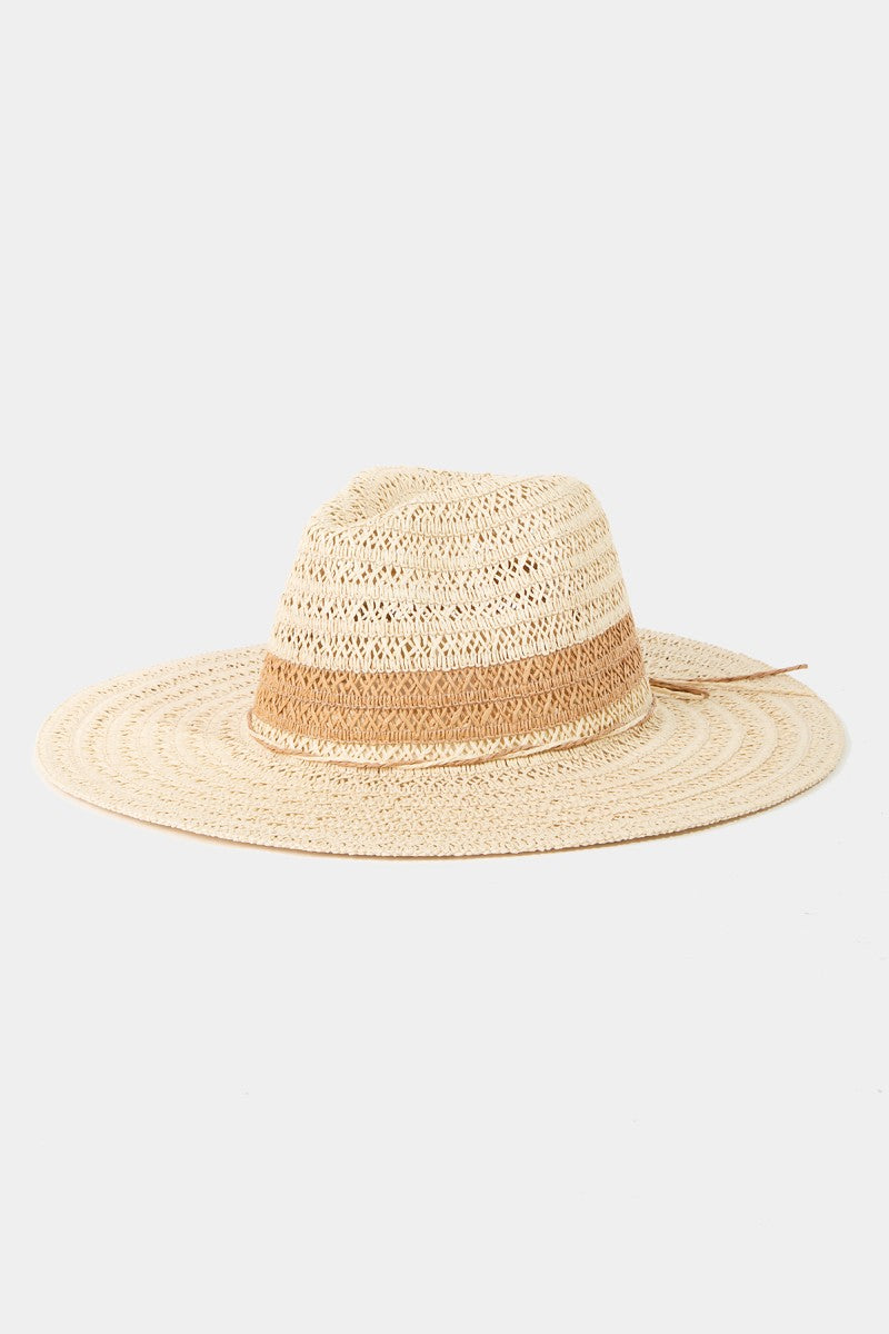 The Fame Contrast Straw Braided Sun Hat is a wide-brimmed hat featuring alternating bands of light and dark brown.