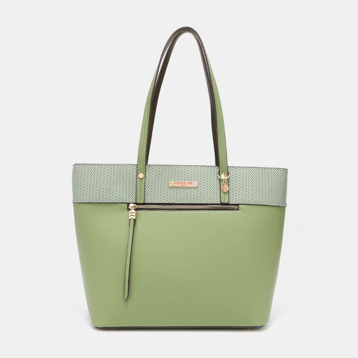 Displayed against a neutral background are three handbags from the Nicole Lee USA 3-Piece Handbag Set in green and beige, including a chic Clutch Wristlet.