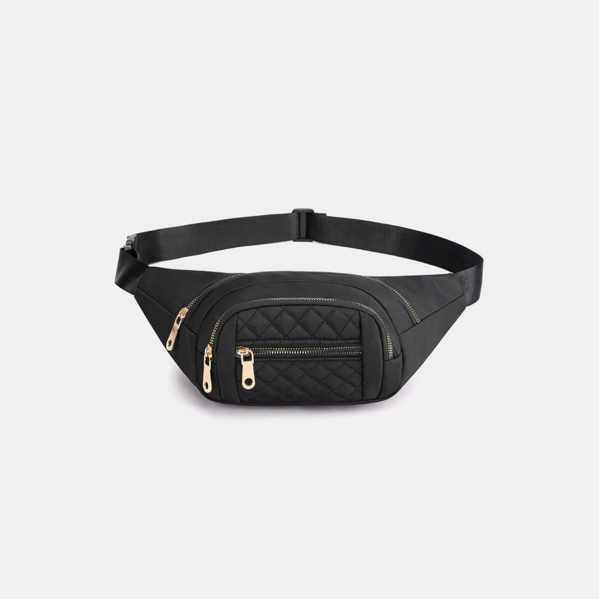 The Zenana Quilted Multi Pocket Waist Belt Bag in black features gold zippers, an adjustable strap, and multiple pockets for hands-free carrying.