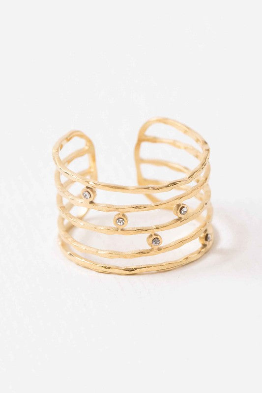 Twig Adjustable Ring with embedded crystals on a white background, featuring 14k Gold Plating.