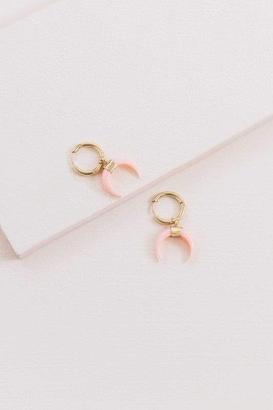 Double Horn Pink Hoop Earrings - 14K mini hoop earrings with pink pendants on a white background, crafted from 14K gold over stainless steel.
