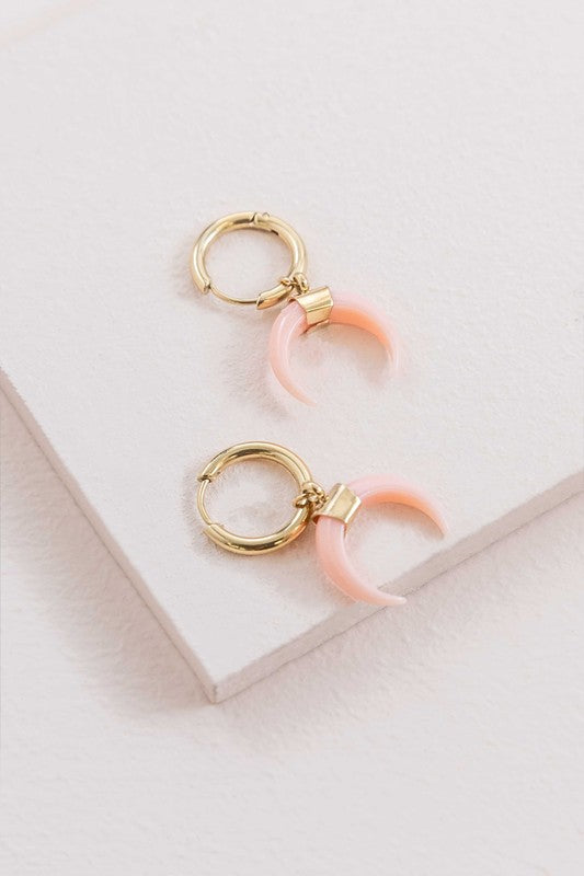 Double Horn Pink Hoop Earrings - 14K mini hoop earrings with pink pendants on a white background, crafted from 14K gold over stainless steel.