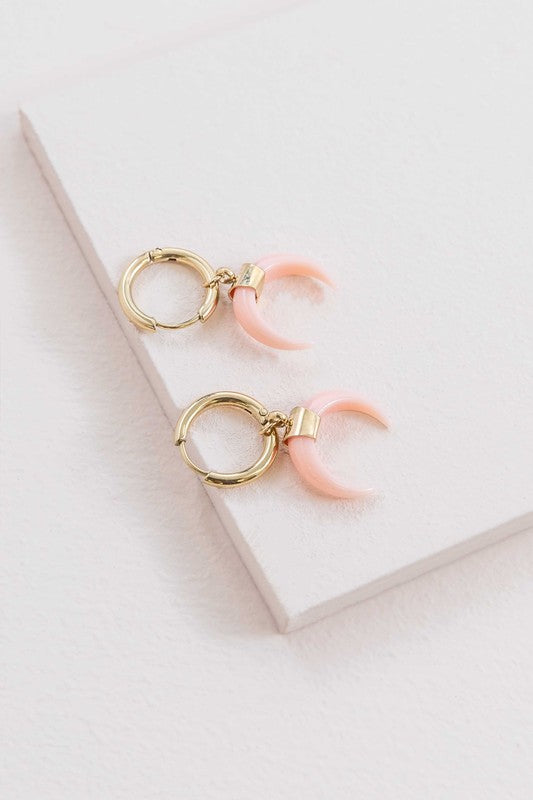 Double Horn Pink Hoop Earrings - 14K mini hoop earrings with pink pendants on a white background, crafted from 14K gold over stainless steel.