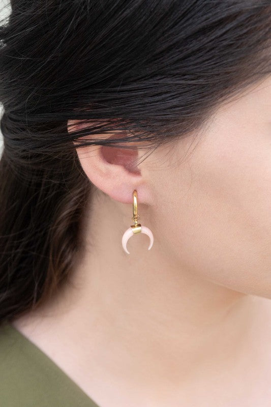 Double Horn Pink Hoop Earrings - 14K mini hoop earrings with pink pendants on a white background, crafted from 14K gold over stainless steel.